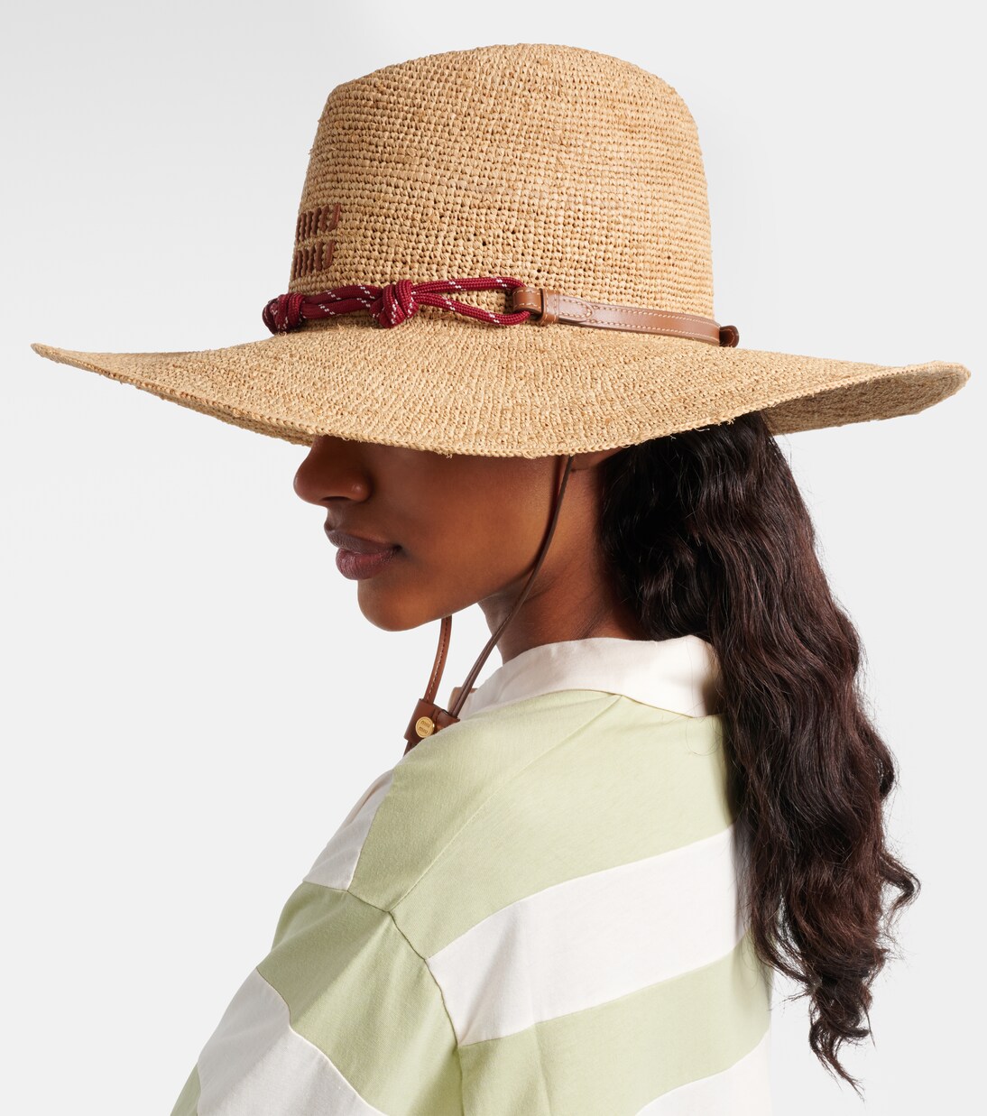 Leather-trimmed raffia sun hat | Miu Miu