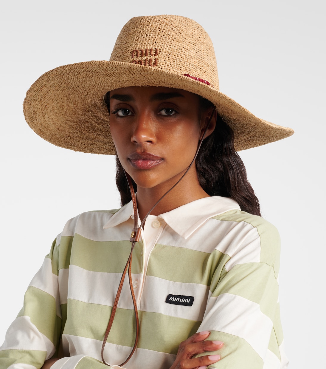 Leather-trimmed raffia sun hat | Miu Miu