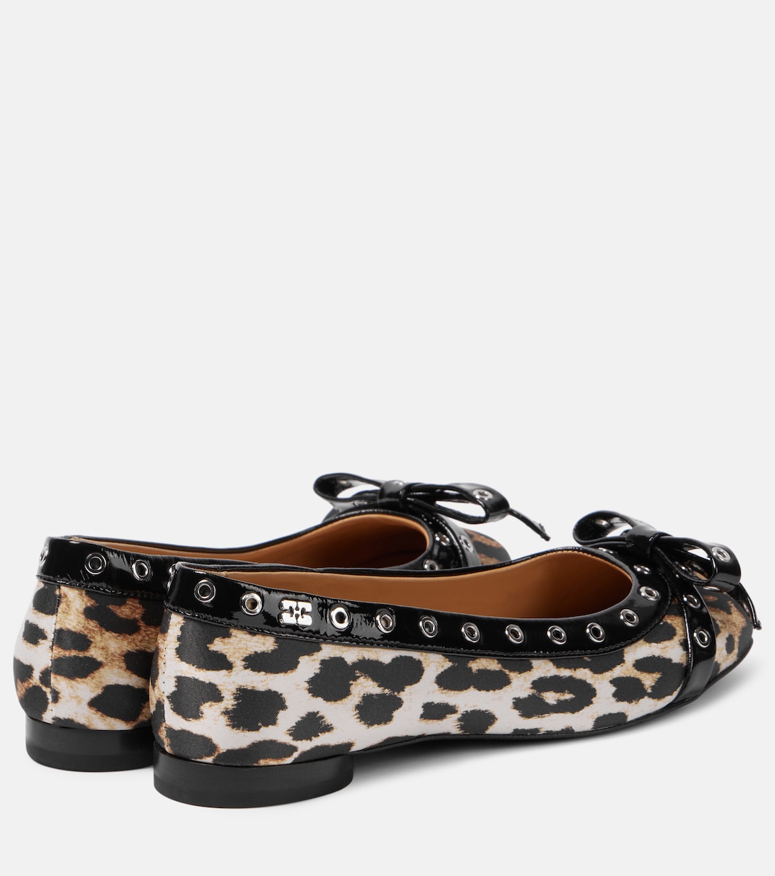 Eyelet Bow leopard-print satin ballet flats | Ganni