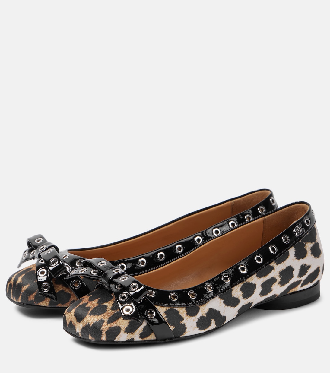 Eyelet Bow leopard-print satin ballet flats | Ganni