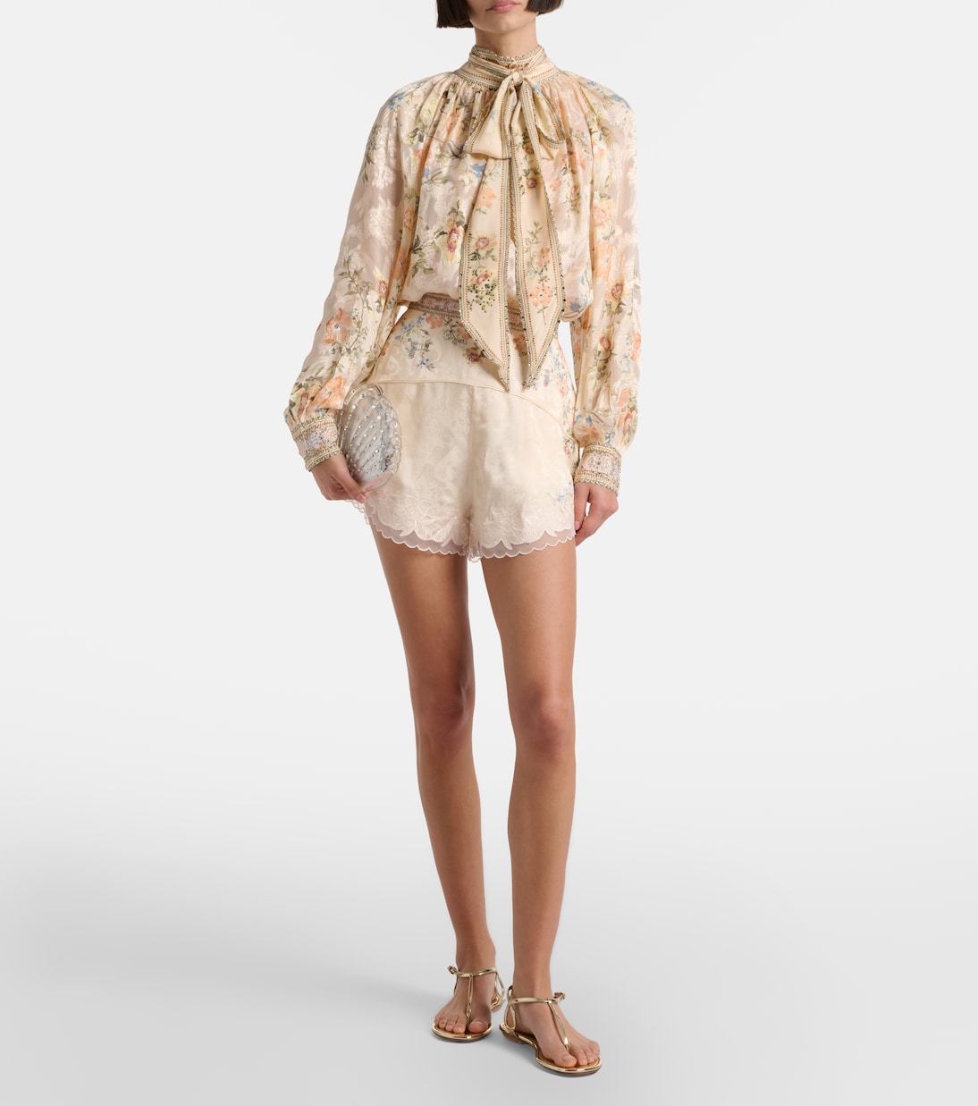 Embellished floral tie-neck silk-blend blouse | Camilla