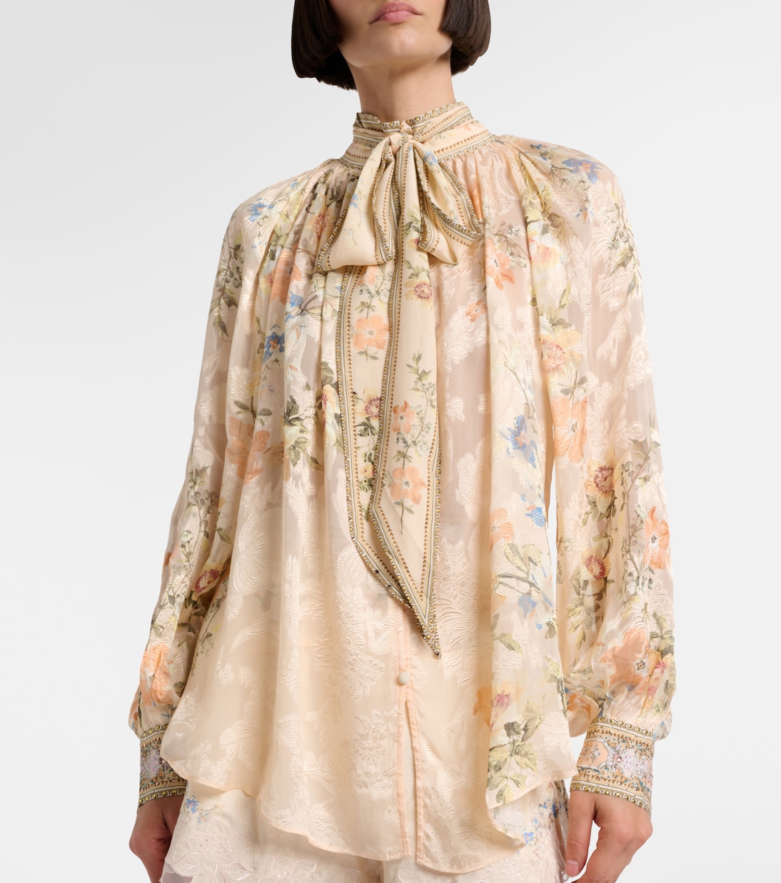 Embellished floral tie-neck silk-blend blouse | Camilla