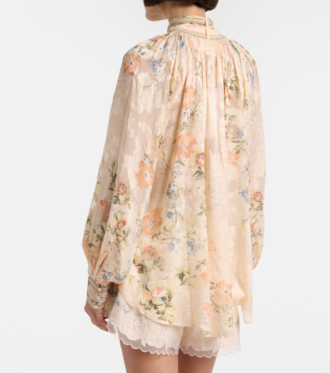 Embellished floral tie-neck silk-blend blouse | Camilla