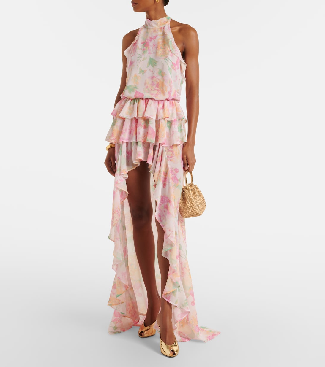 Malena floral ruffled asymmetric maxi dress | Bananhot