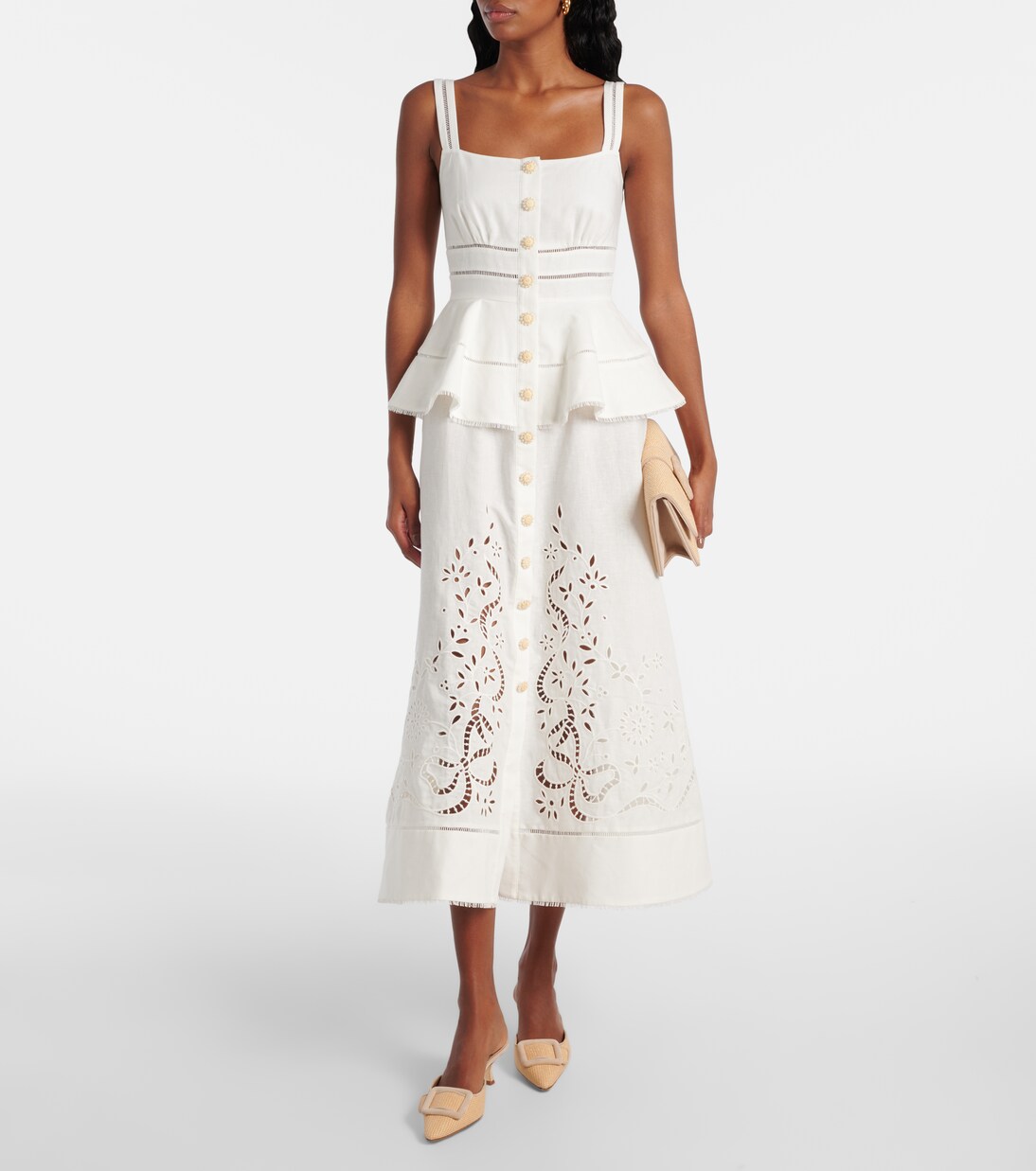 فستان ميدي بيبلوم من الكتّان والقطن | Self-Portrait