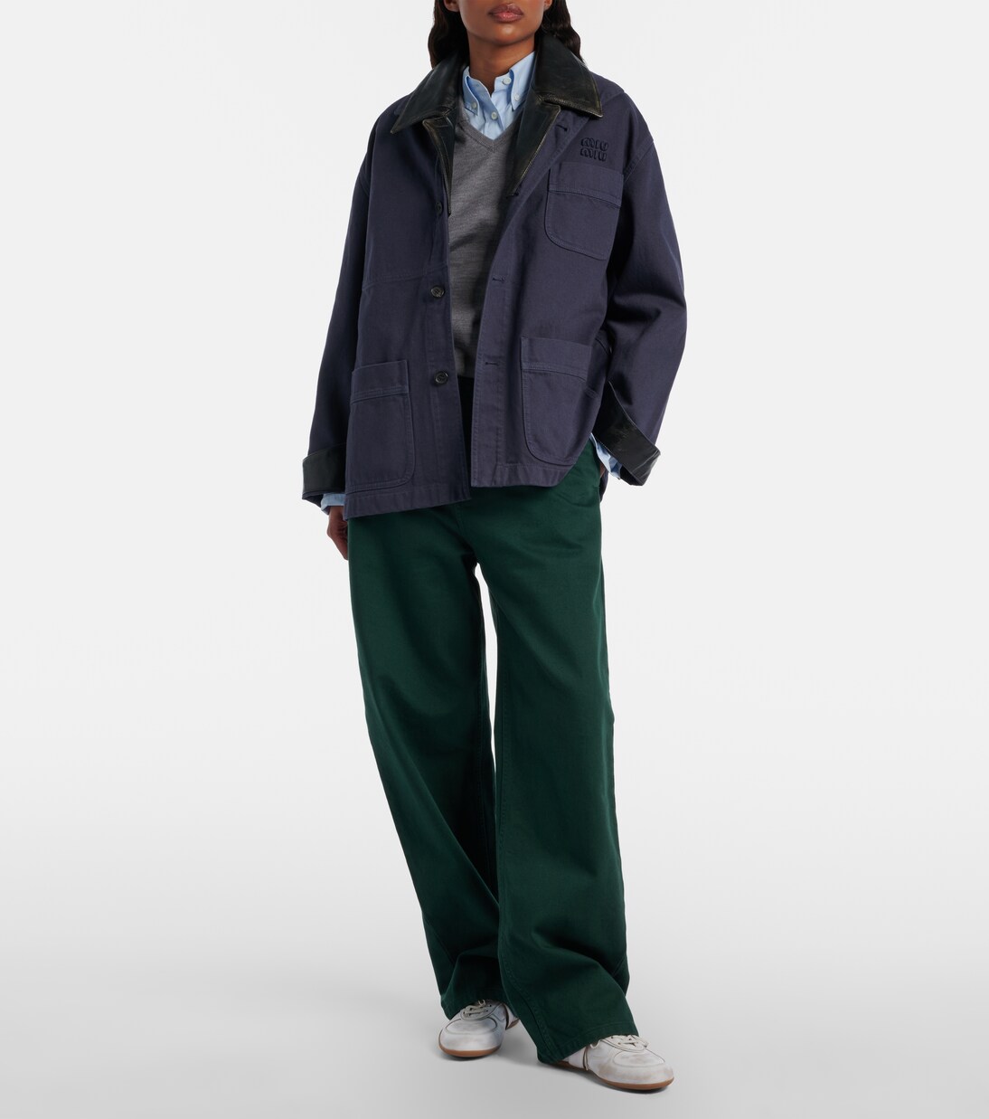 Leather-trimmed oversized cotton gabardine jacket | Miu Miu