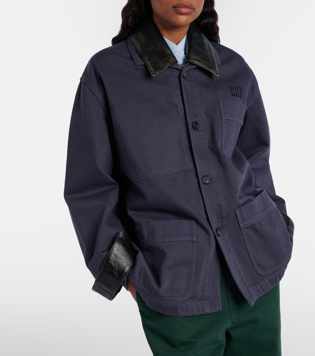 Leather-trimmed oversized cotton gabardine jacket | Miu Miu