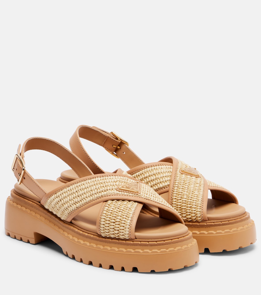 Logo crochet and leather platform sandals | Prada