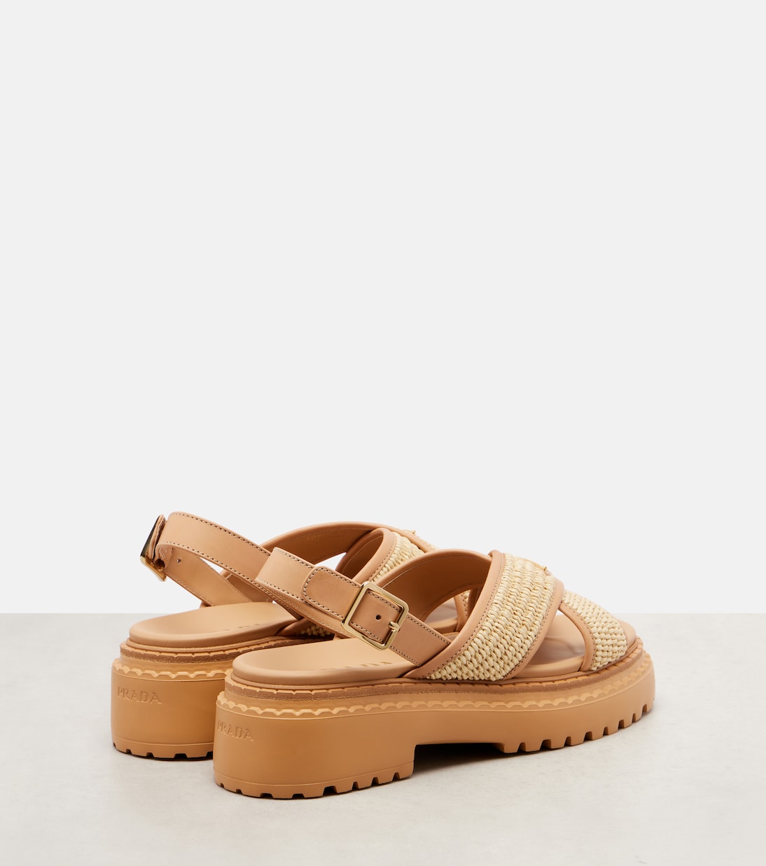 Logo crochet and leather platform sandals | Prada