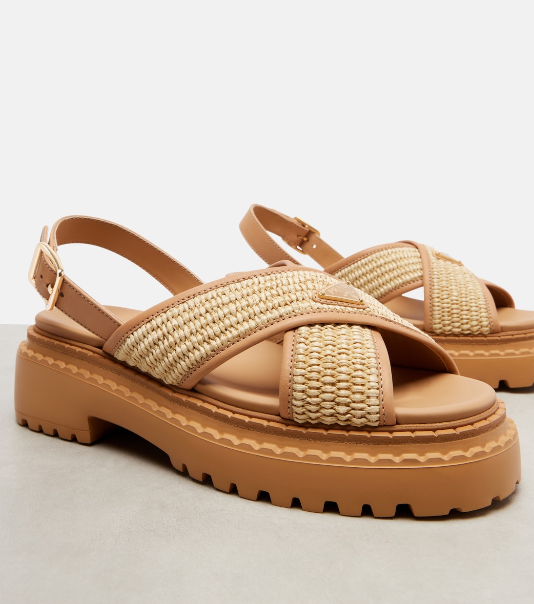Logo crochet and leather platform sandals | Prada