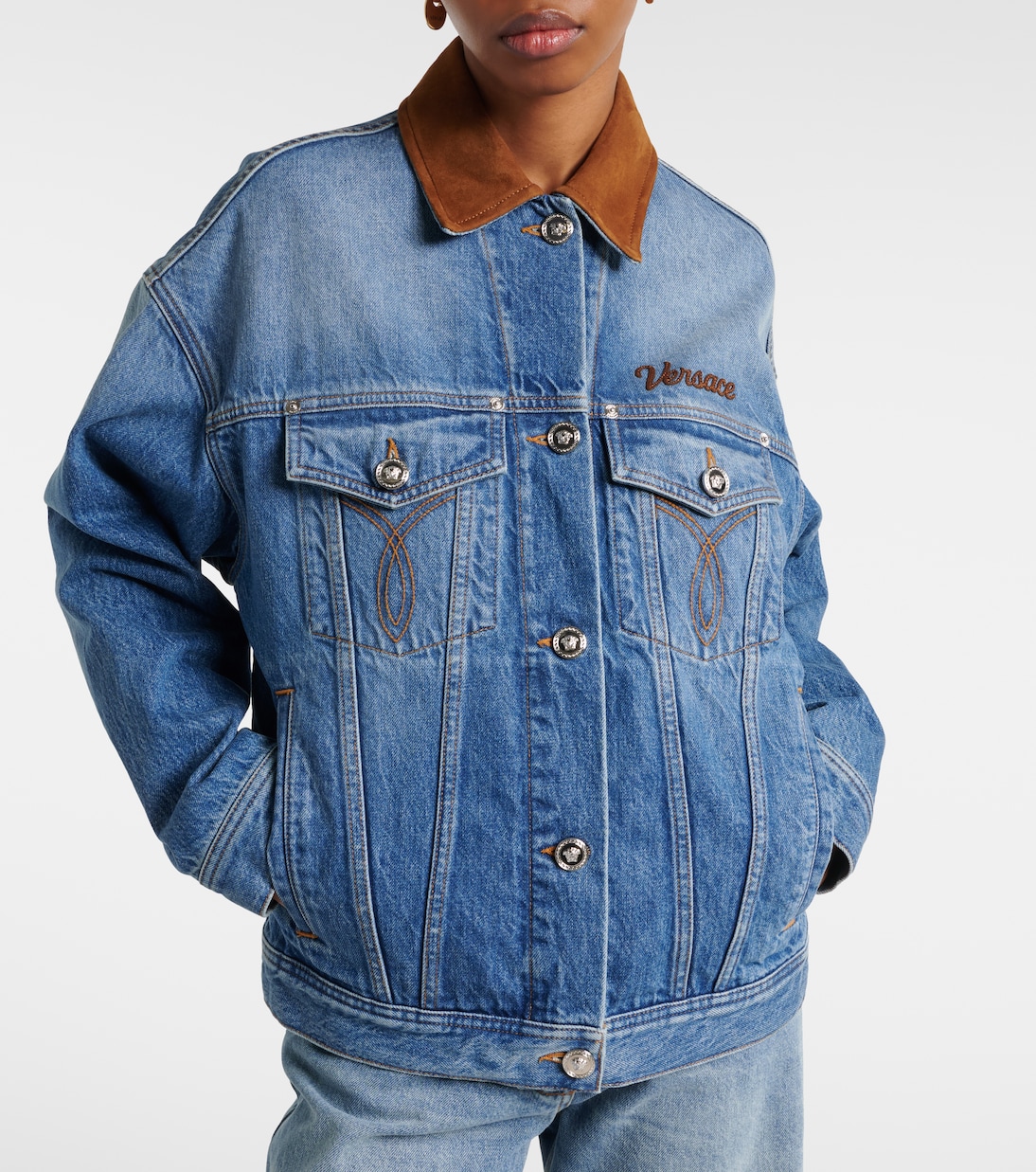 Trucker suede-trimmed denim jacket | Versace