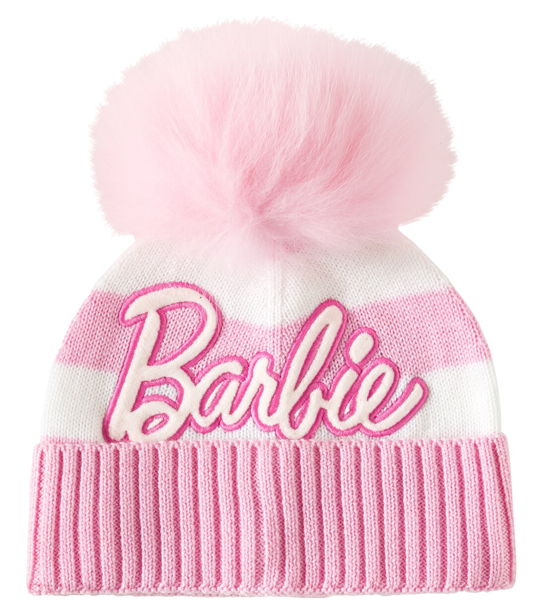 x Barbie® pompom embroidered striped beanie | Monnalisa