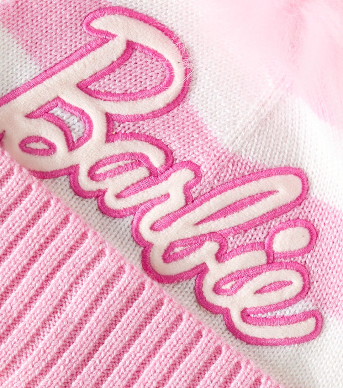 x Barbie® pompom embroidered striped beanie | Monnalisa