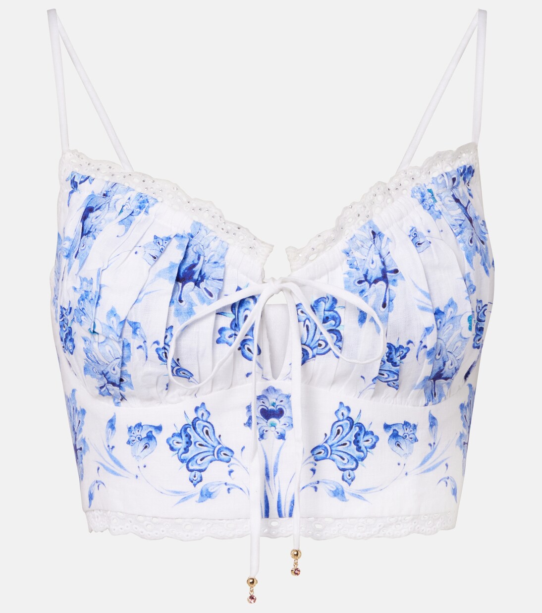 Printed lace-trimmed linen bra top | Camilla