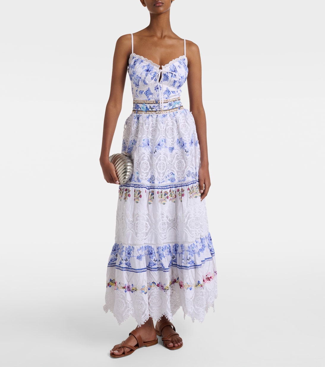 Printed lace-trimmed linen bra top | Camilla