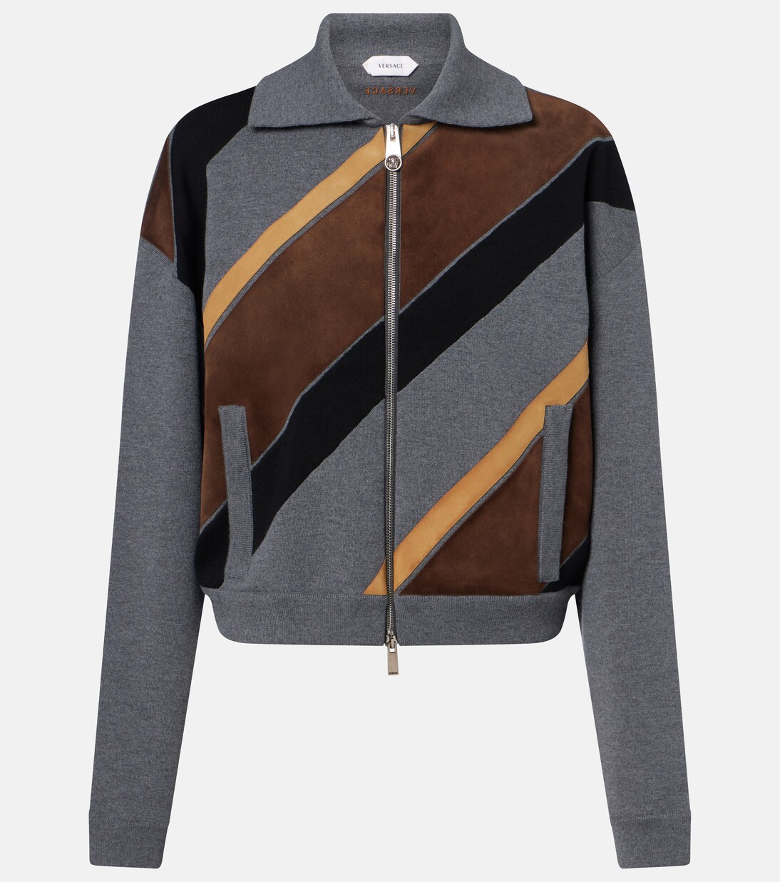 Suede-trimmed wool-blend zip-up sweater | Versace