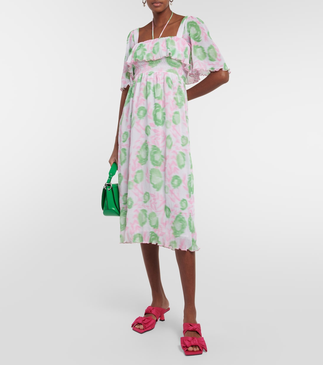 Floral pleated georgette midi dress | Ganni