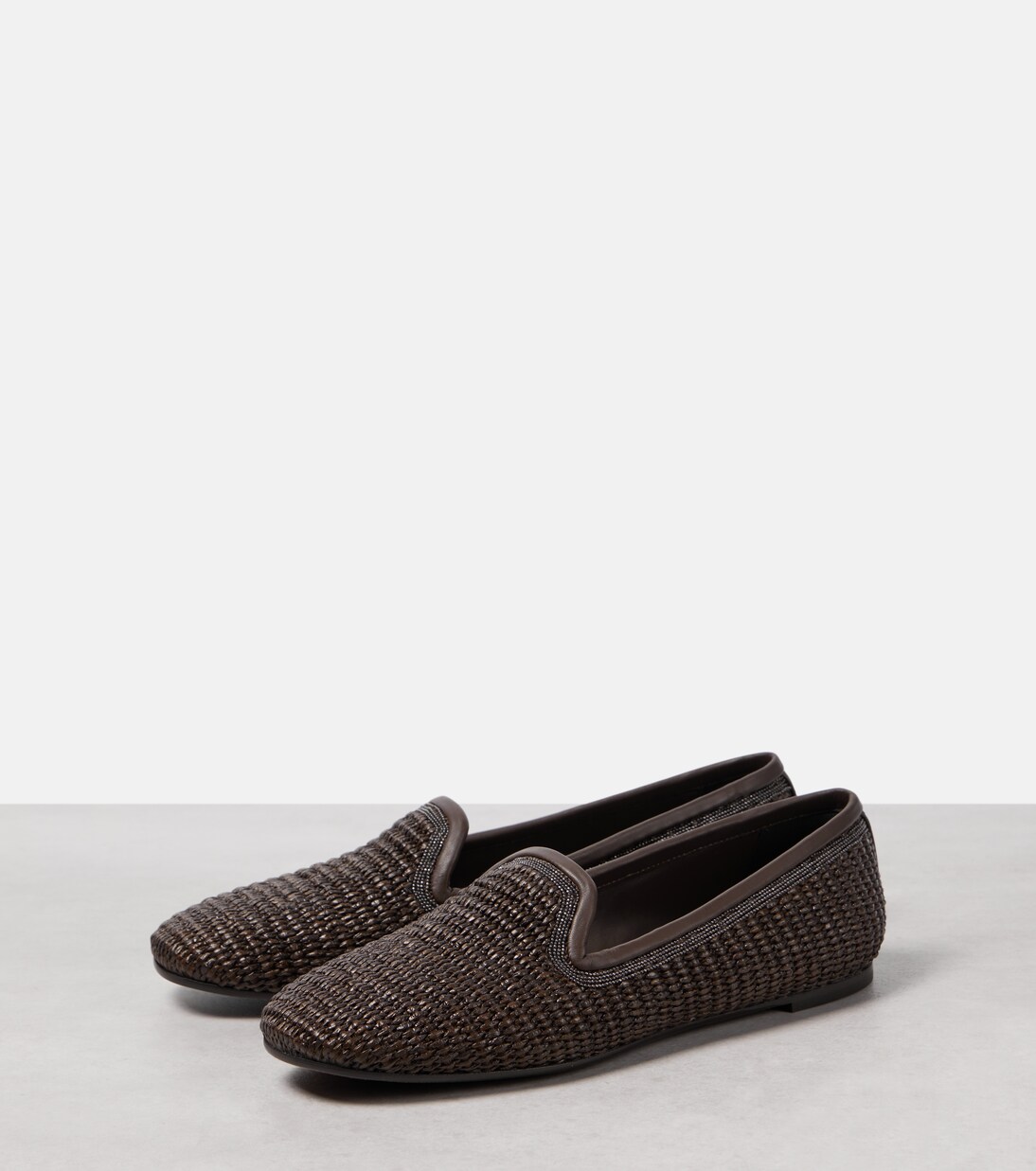 Leather-trimmed raffia slippers | Brunello Cucinelli