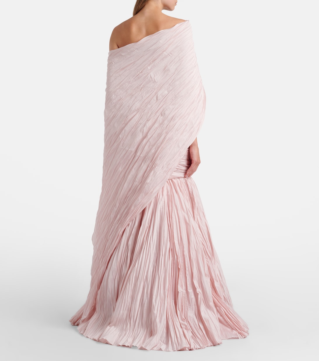 Pleated taffeta bustier gown and cape set | Marmar Halim