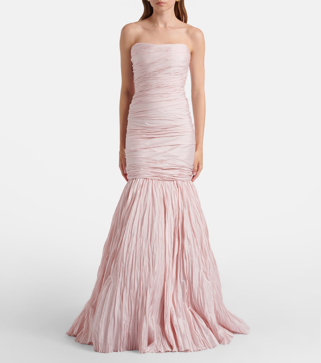 Pleated taffeta bustier gown and cape set | Marmar Halim