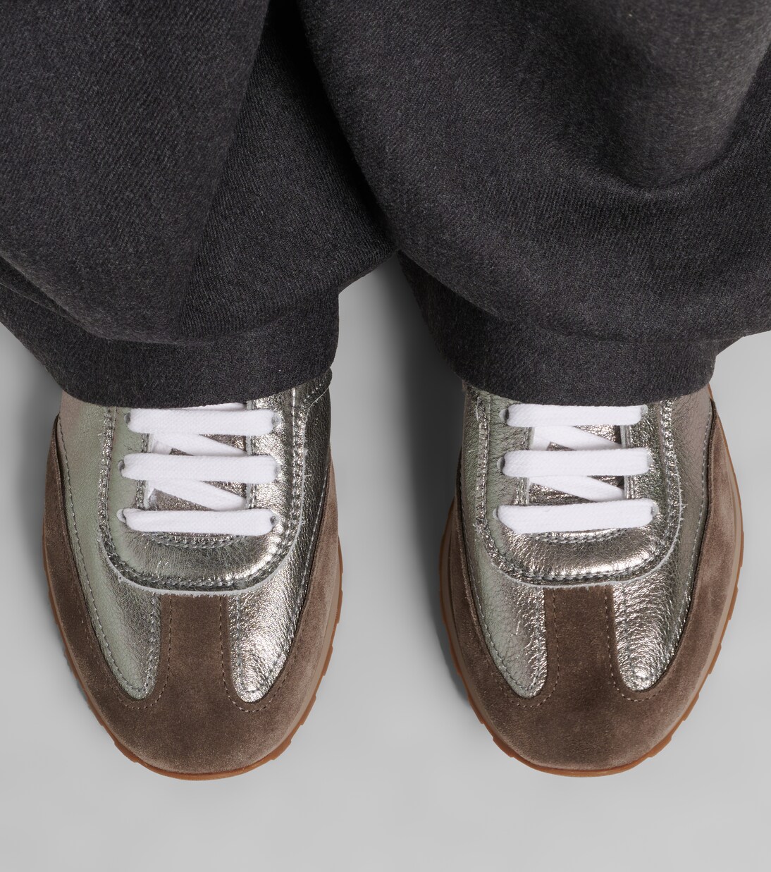 Monili suede-trimmed metallic leather sneakers | Brunello Cucinelli