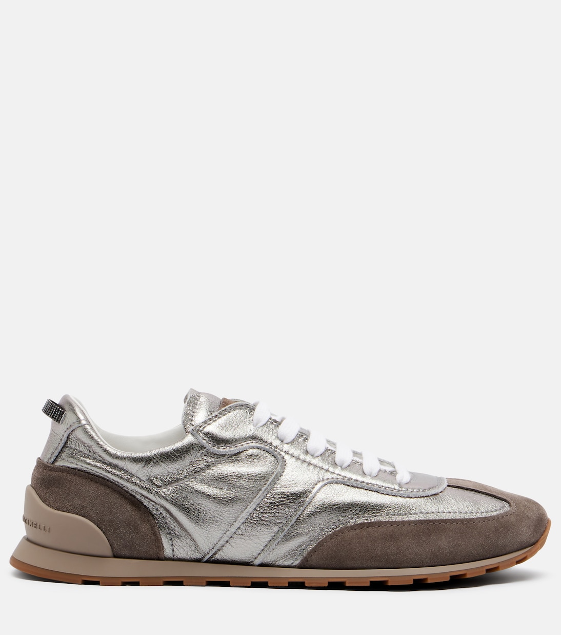 Monili suede-trimmed metallic leather sneakers | Brunello Cucinelli