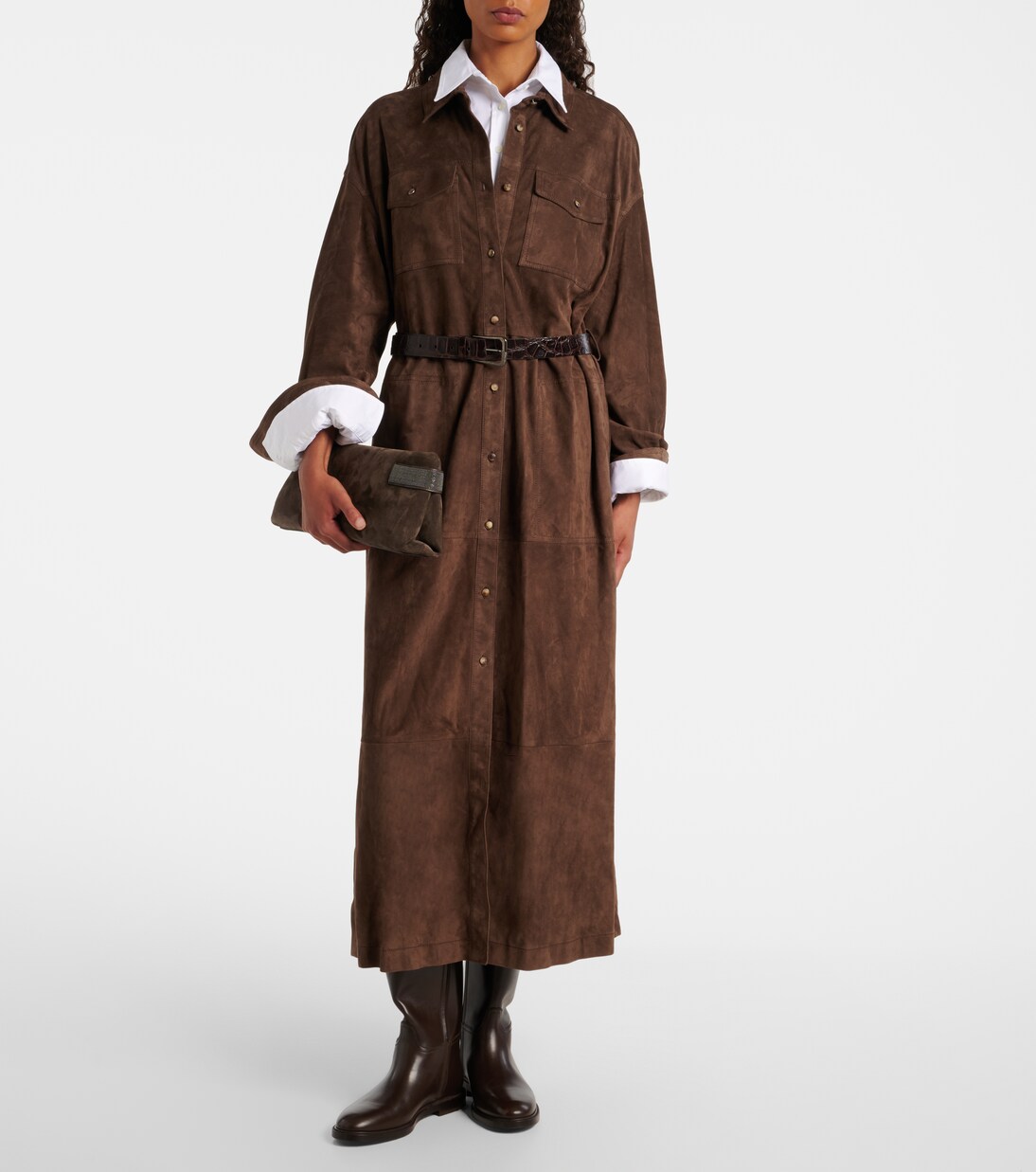 Vestido camisero de ante con cuentas Monili | Brunello Cucinelli