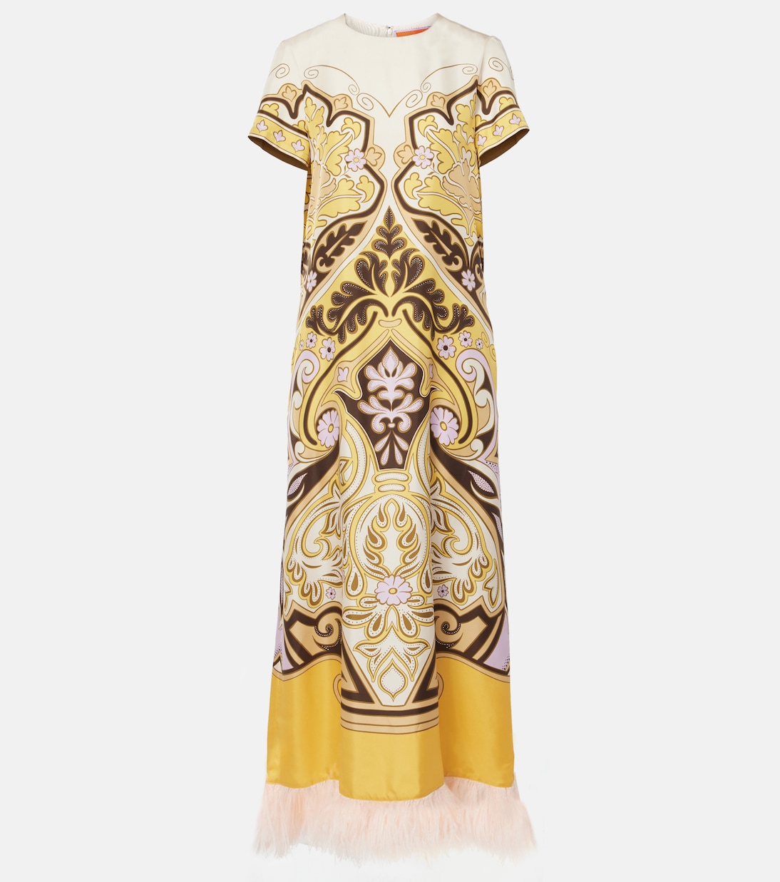 Bedrucktes Maxikleid aus Seide mit Federn | La DoubleJ