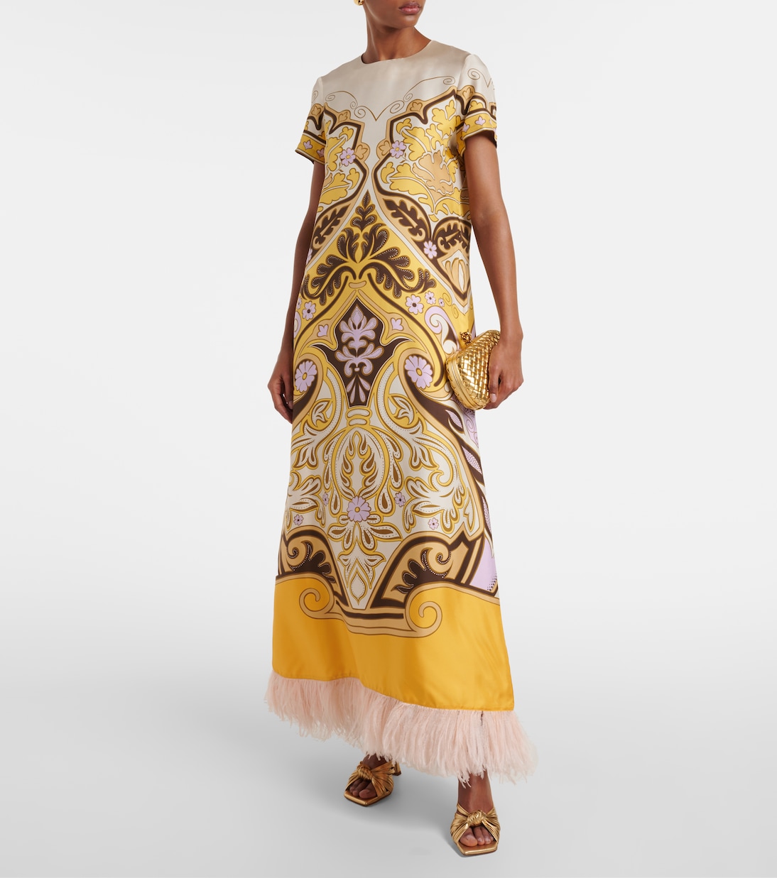 Bedrucktes Maxikleid aus Seide mit Federn | La DoubleJ