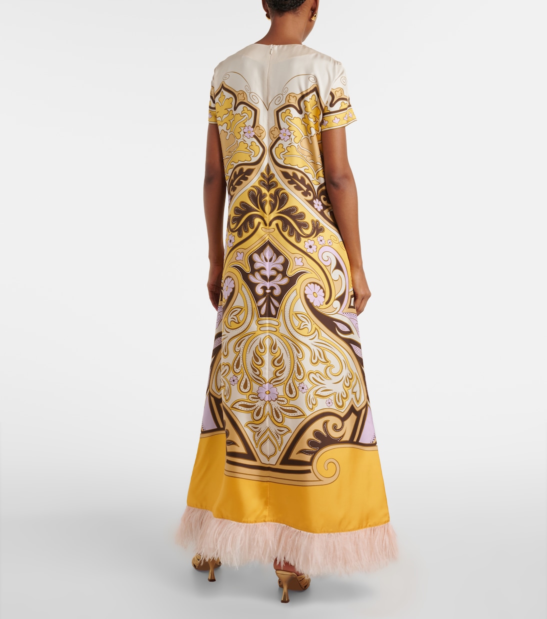 Bedrucktes Maxikleid aus Seide mit Federn | La DoubleJ