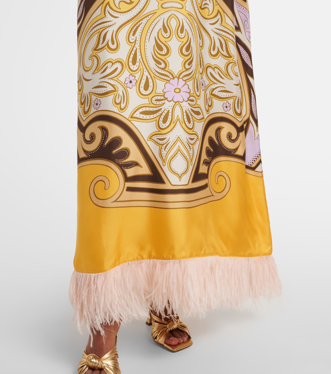 Bedrucktes Maxikleid aus Seide mit Federn | La DoubleJ