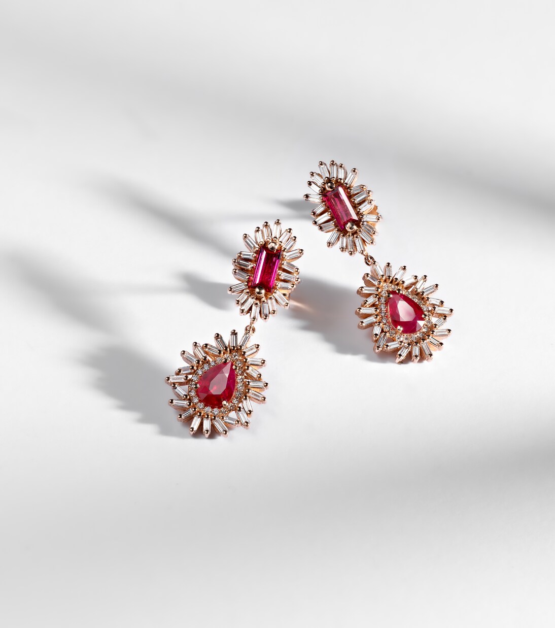 Doublet 18kt rose gold drop earrings with rubies and diamonds | Suzanne Kalan