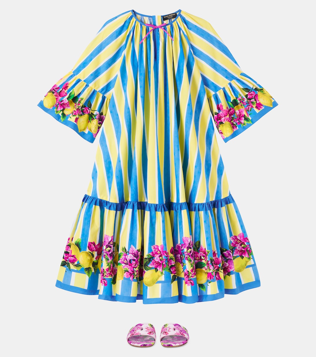 Robe Taormina rayée en coton à fleurs | Dolce&Gabbana Kids