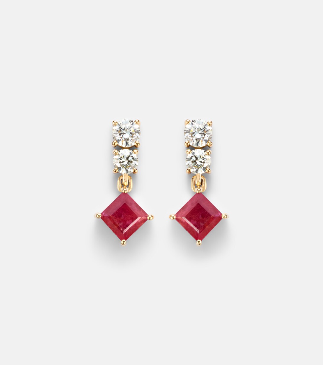 14kt gold (585/1000) earrings with diamonds, pink sapphire, and ruby  | Stone and Strand