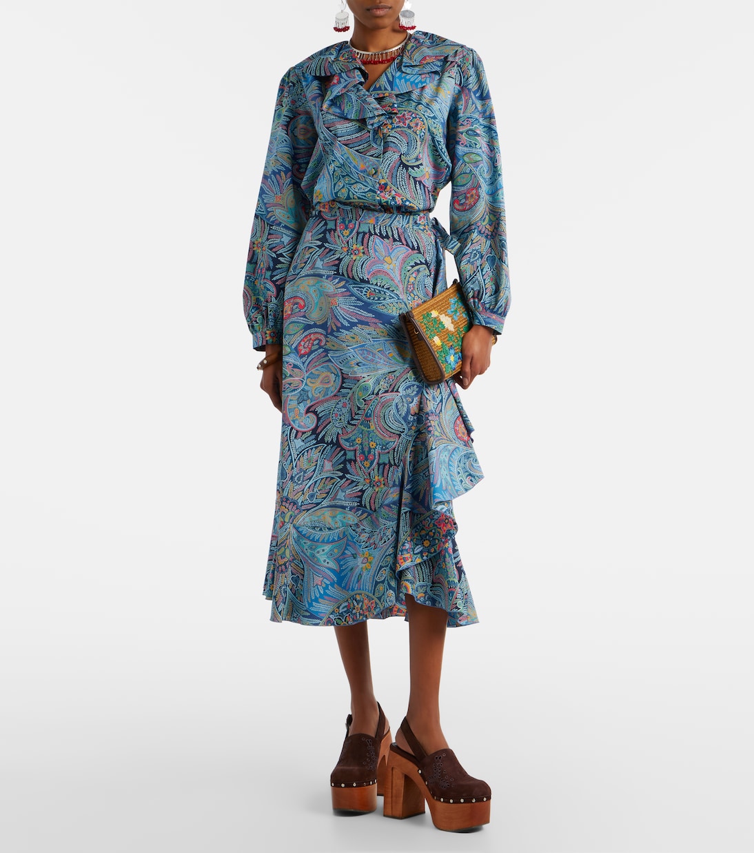 Paisley ruffled cotton-blend midi skirt | Etro