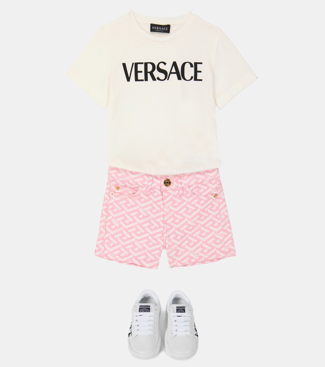 La Greca print cotton denim shorts | Versace Kids