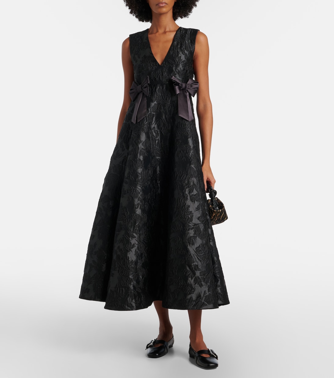 Bow-detail floral satin cloqué midi dress | Ganni