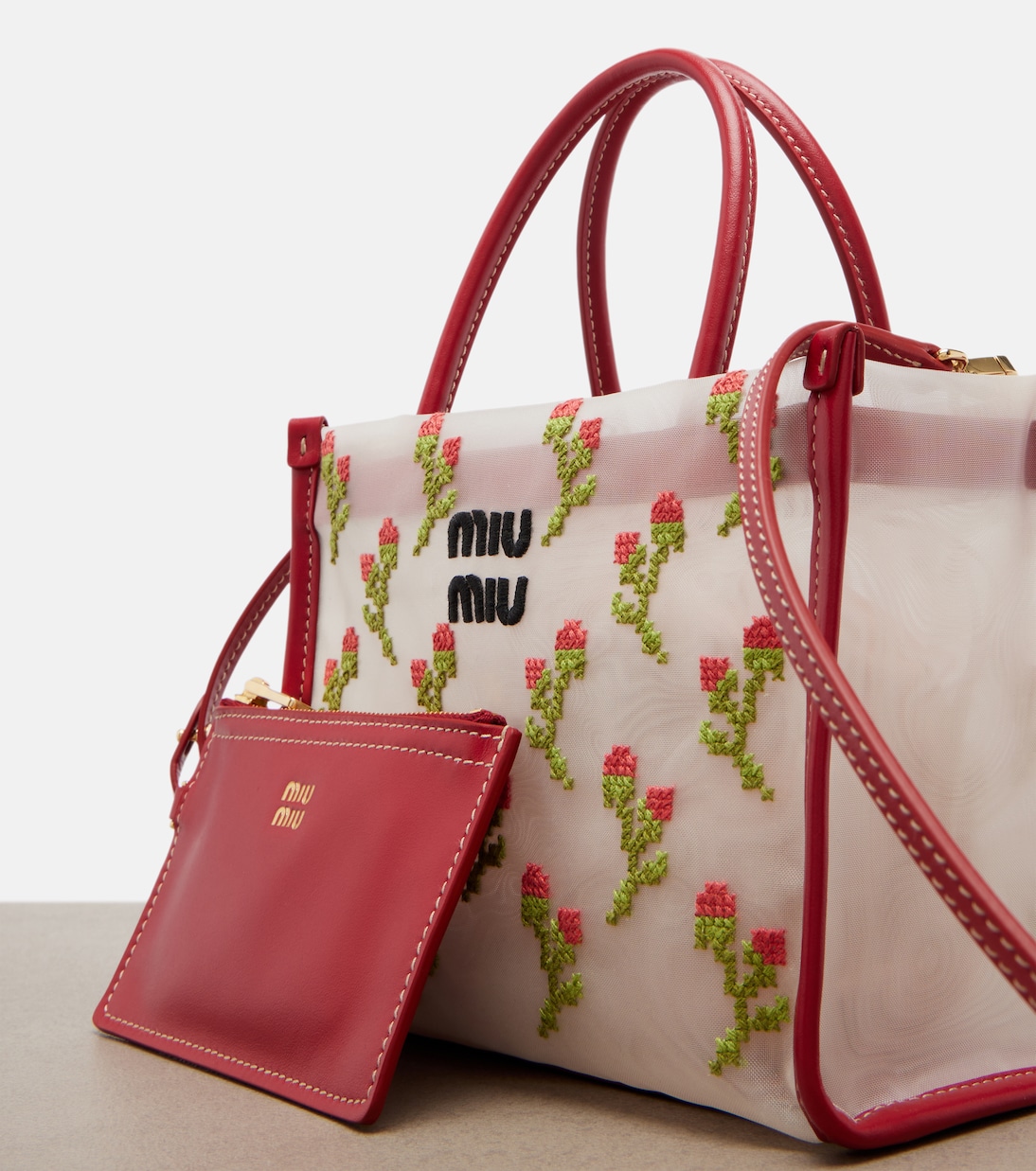 Sac à main en mesh à finitions en cuir | Miu Miu