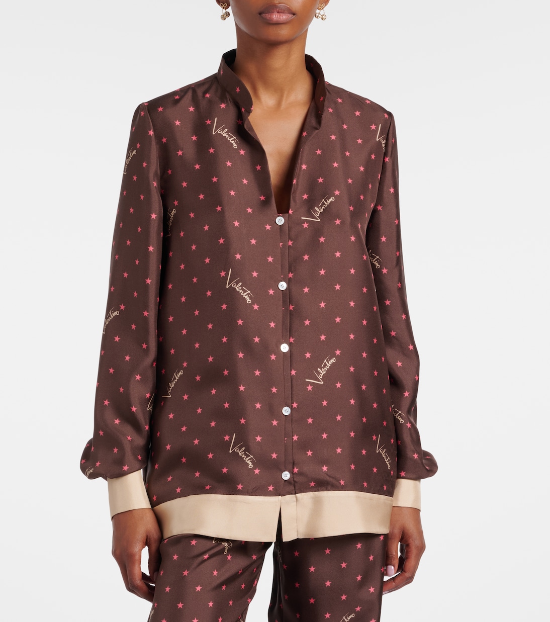 Camicia pigiama in twill di seta con stampa | Valentino