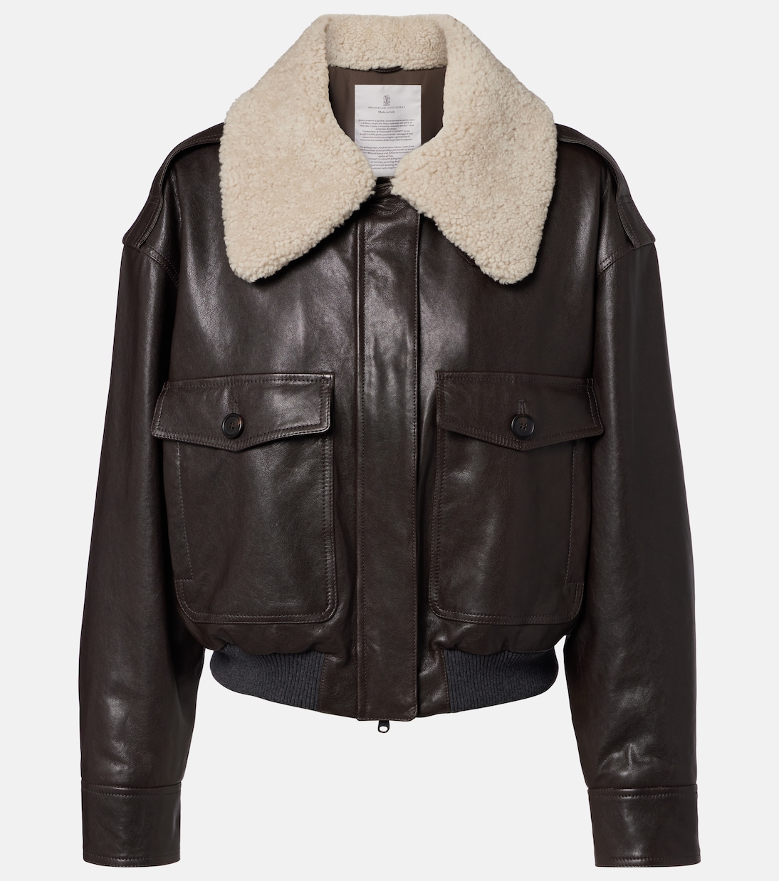 Shearling-trimmed leather bomber jacket | Brunello Cucinelli