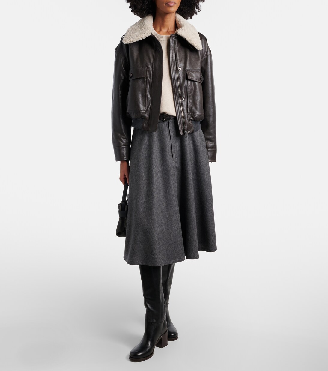 Shearling-trimmed leather bomber jacket | Brunello Cucinelli
