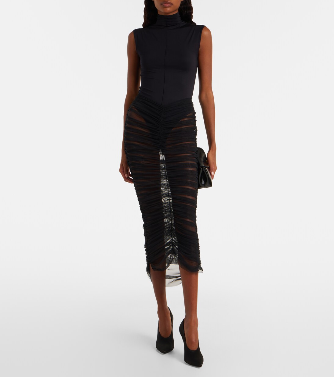 Sheer ruched mesh midi skirt | Nensi Dojaka