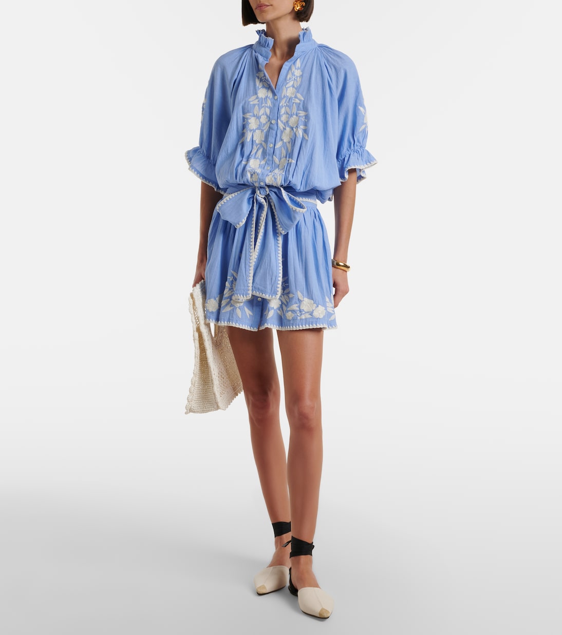 Abito corto in chambray di cotone con ricamo | Juliet Dunn