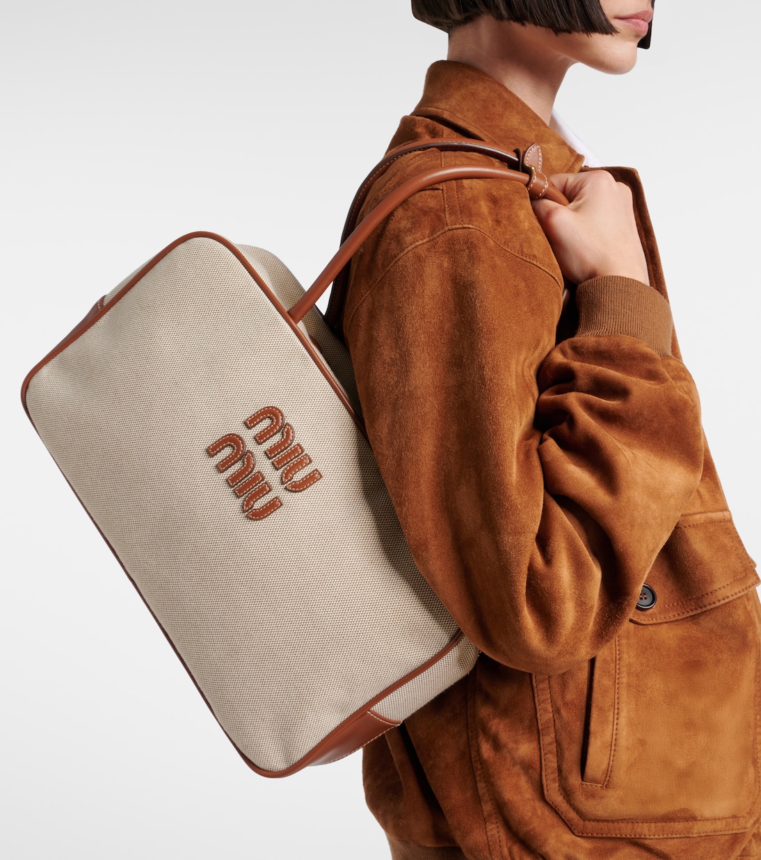 Beau leather-trimmed canvas tote bag | Miu Miu