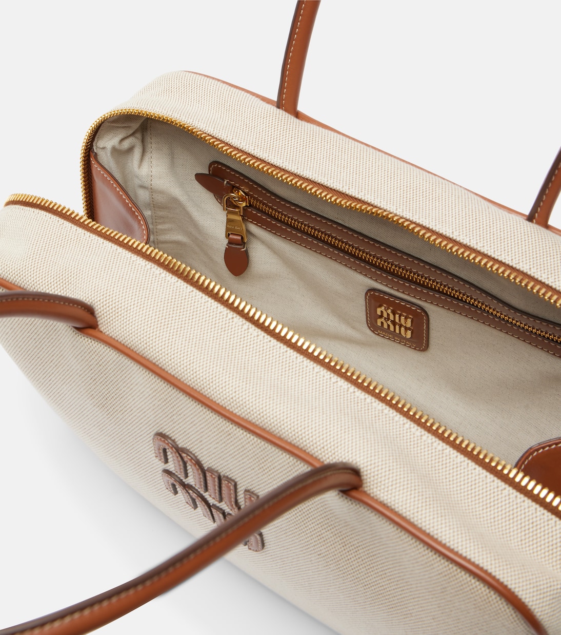 Beau leather-trimmed canvas tote bag | Miu Miu