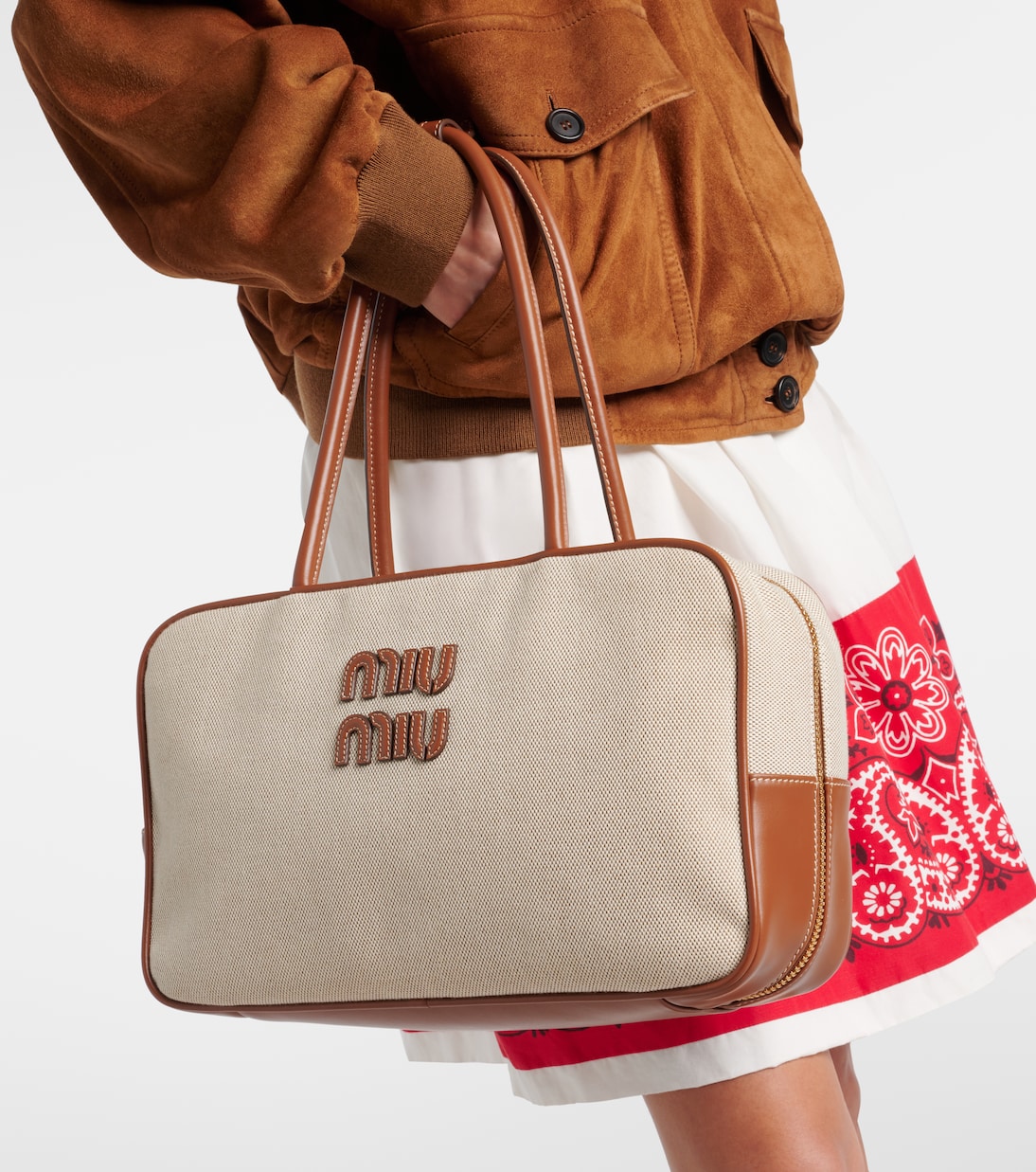 Beau leather-trimmed canvas tote bag | Miu Miu