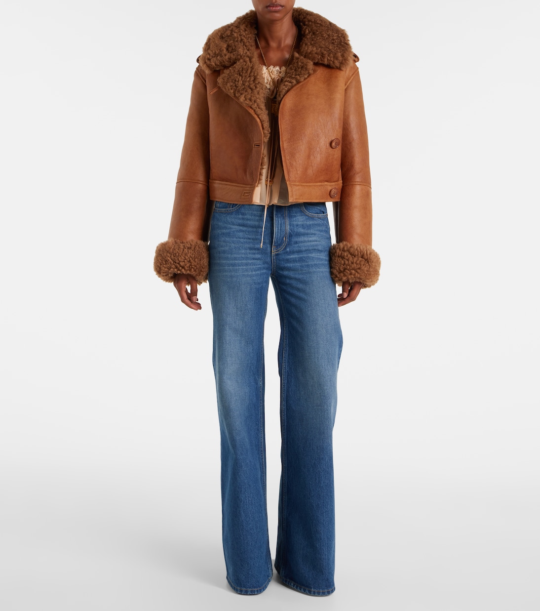 Cropped shearling-trimmed leather jacket | Chloé