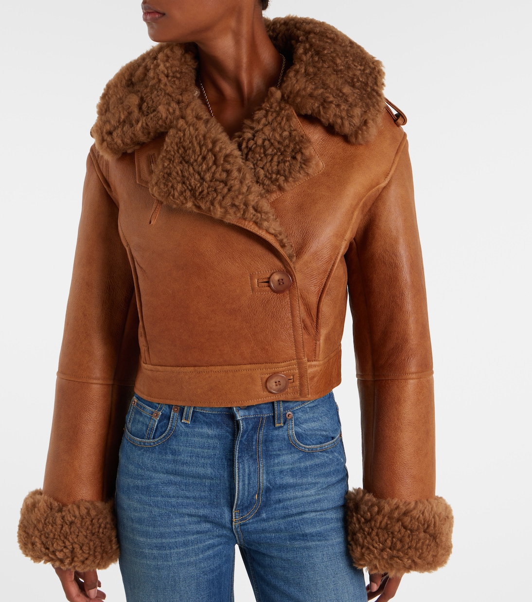 Cropped shearling-trimmed leather jacket | Chloé