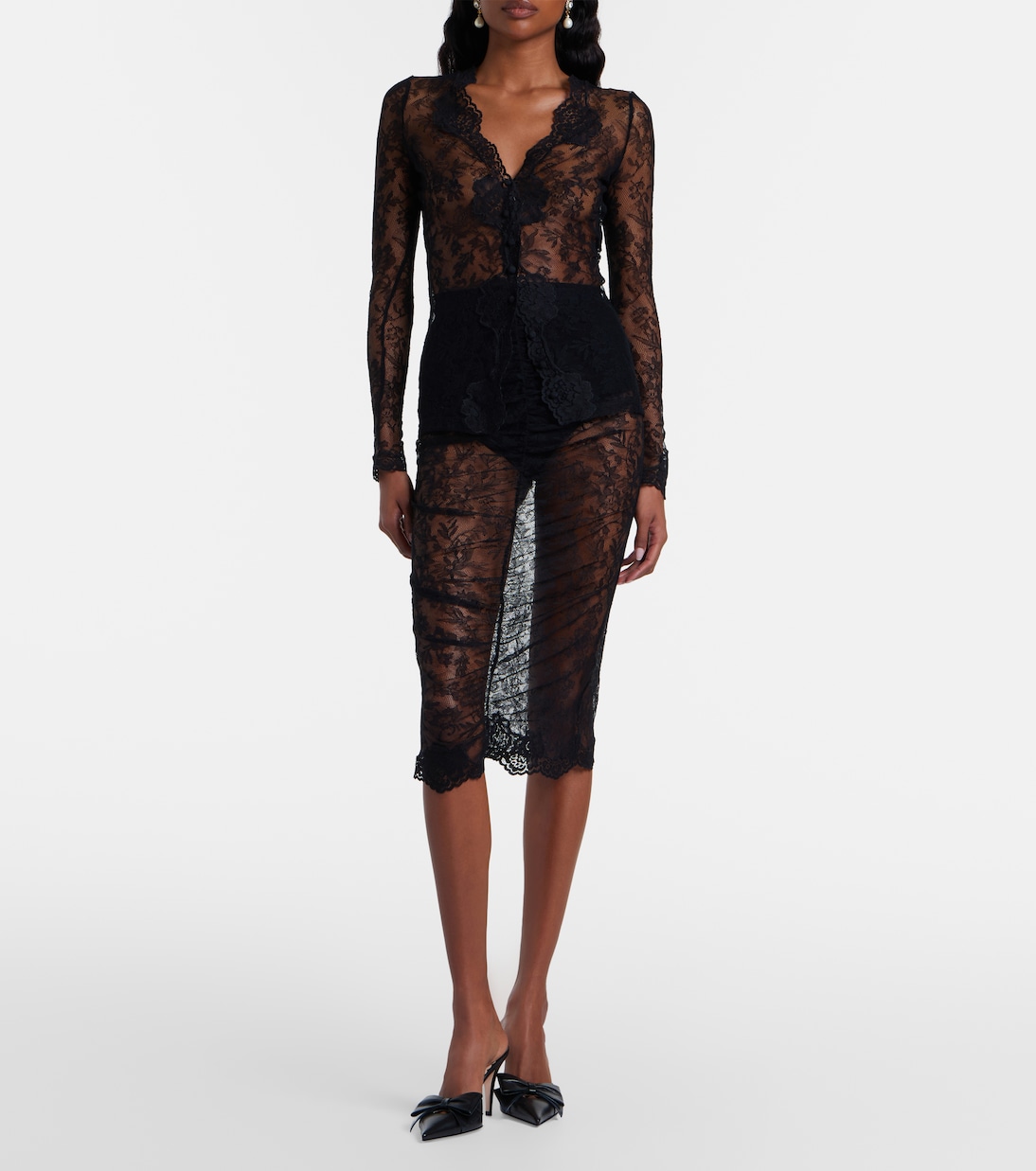 Floral ruched sheer lace midi skirt | Valentino