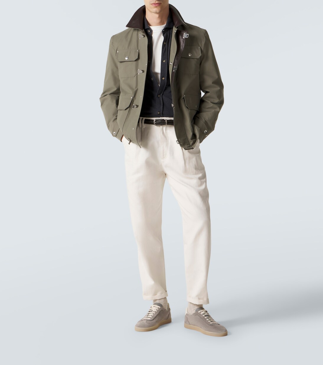 Giacca in misto cotone con pelle | Brunello Cucinelli